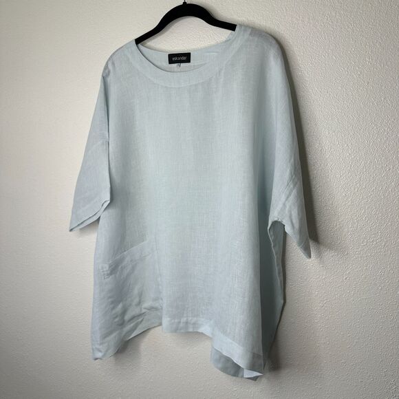 Eskandar Light Blue Boxy Linen Short Sleeve Front Pocket Round Neck Blouse Top 6 - Picture 2 of 12